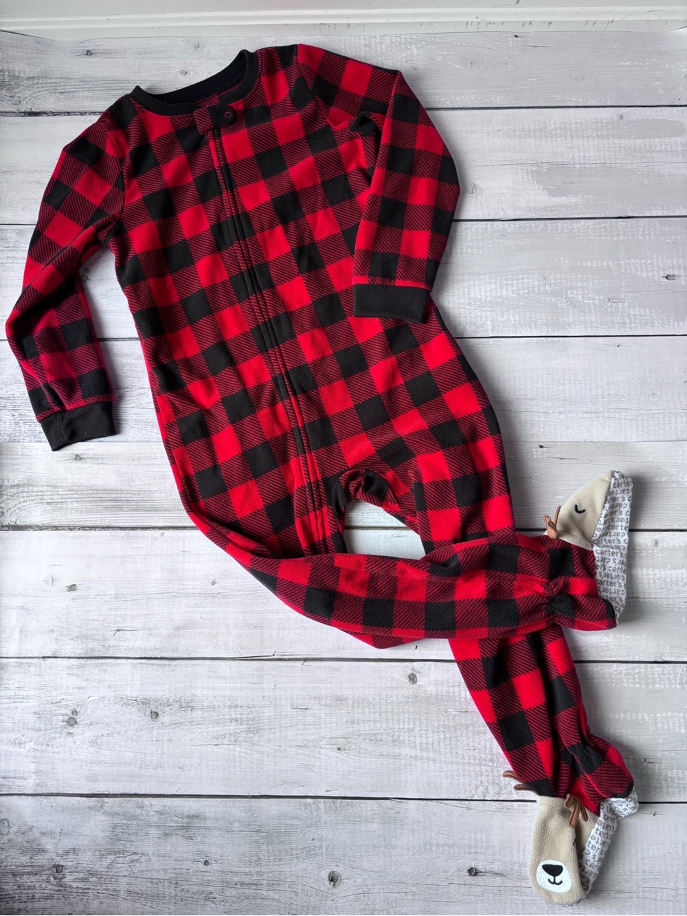 Carter's Red and Black Buffalo Plaid Reindeer Footed One-Piece